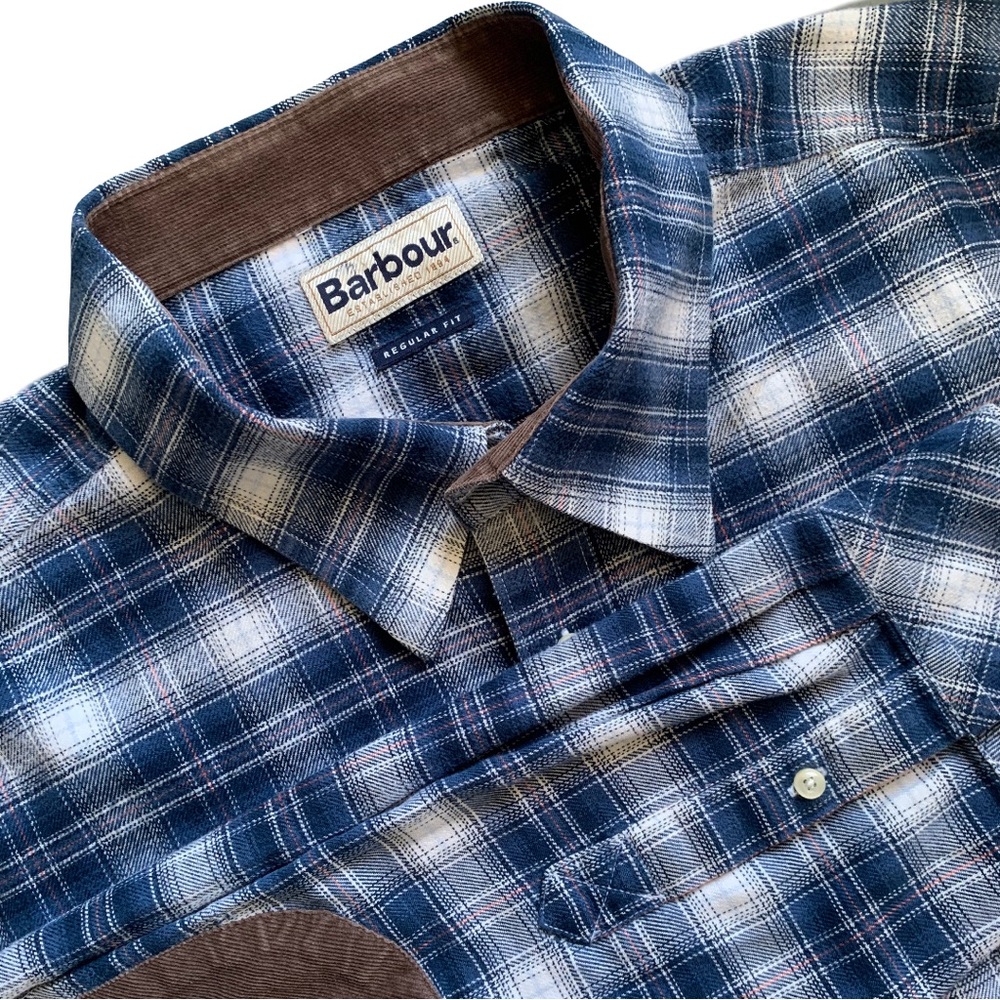 Barbour Plaid Flannel Corduroy Lined Collar Elbow Patch Blue White Size XL